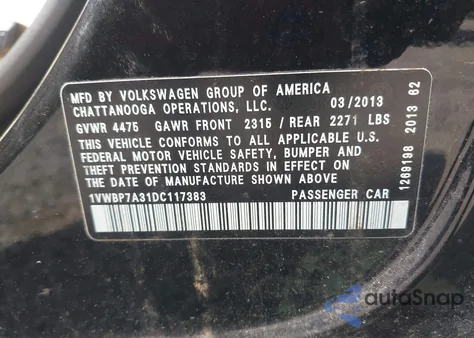 2013 Volkswagen Passat 2.5L Se from USA, damaged, VIN 1VWBP7A31DC117383